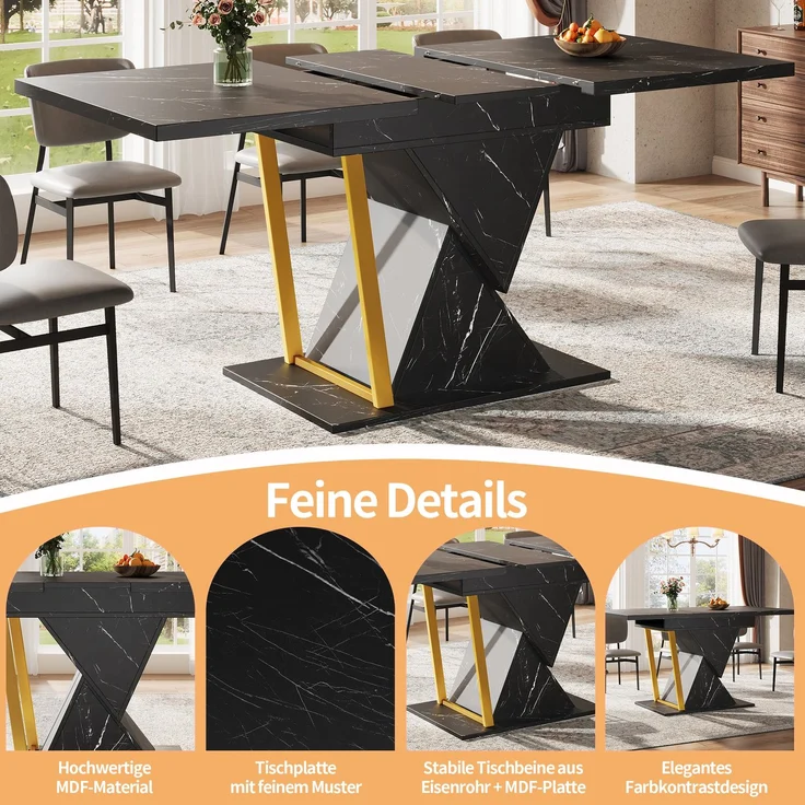 Ausziehbarer Esstisch - Holztisch in schwarz, 110(140) x 80 x 76 cm - Für Küche & Esszimmer - 6 Personen Tisch mit ausziehbarer Platt – Bild 4