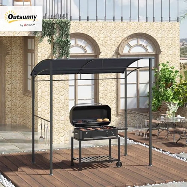 Outsunny Grillpavillon 215 x 150 x 220 cm, Wasserabweisend mit Gebogendach und 10 Haken, Gartenlauben für BBQ und Gartenpartys, Grau – Bild 2