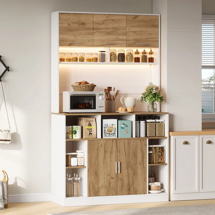 Küchenschrank 105 x 40 x 180 cm in Weiß und Natur mit RGB-LED-Beleuchtung und verstellbaren Einlegeböden – Bild 5