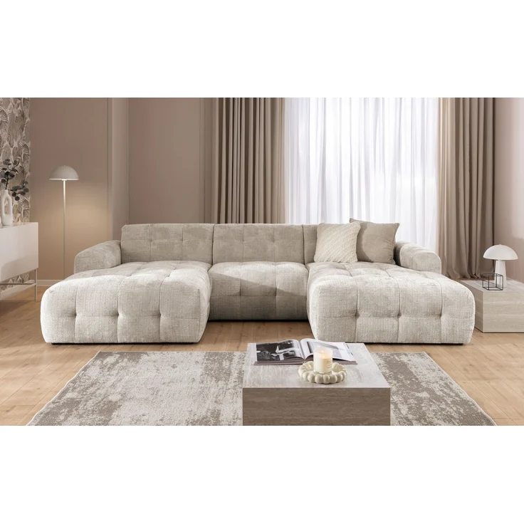 luma-home Wohnlandschaft U-Form 6-Sitzer, raffinierte Steppungen, Chenille-Bezug in Sand Grau, 323 x 161 x 79cm – Bild 2
