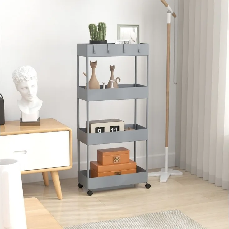Nischenwagen 40x19x90 cm mit 4 Ebenen, Rollen und abnehmbaren Haken – Grau