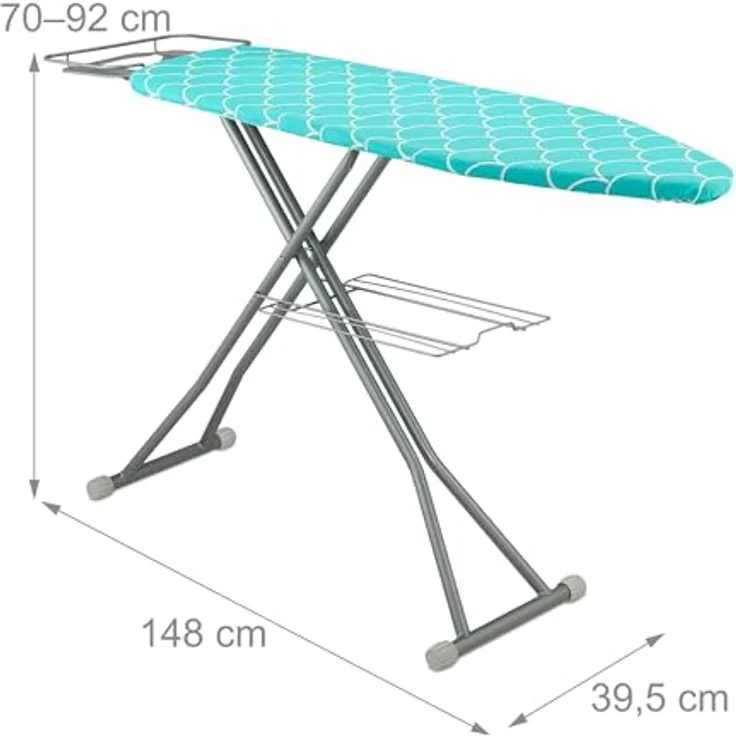 Relaxdays Bügelbrett für Dampfbügeleisen, 122 x 39,5 cm, höhenverstellbar in Türkis/Silber, klappbar mit Ablage – Bild 4
