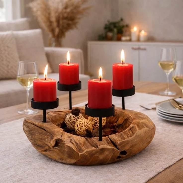 Handgefertigte Kerzenhalterschale PREMIUM 30cm Teakholz Natural Unikat Tischdeko – Bild 2