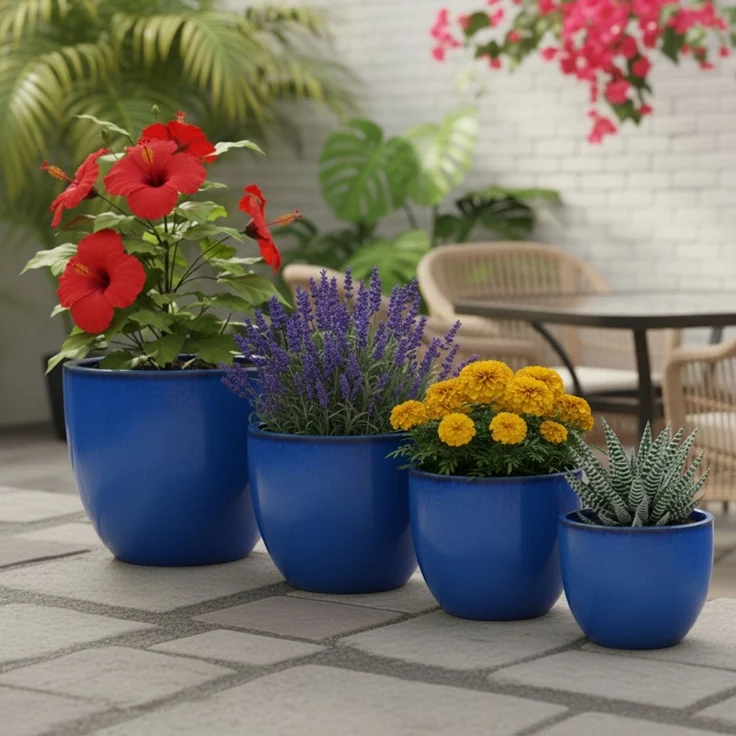 Keramik Blumentopf Eggpot Royal Blau Ø 38cm - Frostfest Pflanzkübel Glasiert Rund – Bild 9