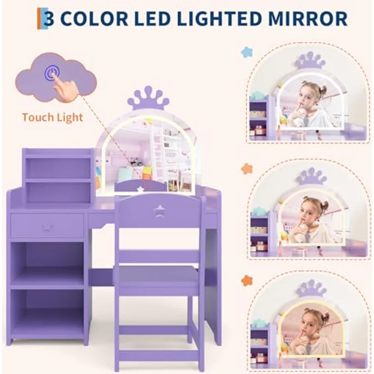 2 in 1 Schminktisch Kinder Set, Kinderschminktisch mit Spiegel & LED-Lichtern, Schminktisch für Mädchen, Kinderschminktisch mit Hocker, Schubladen, Offenen Fächern, Prinzessin Frisiertisch Holz, Lila – Bild 4
