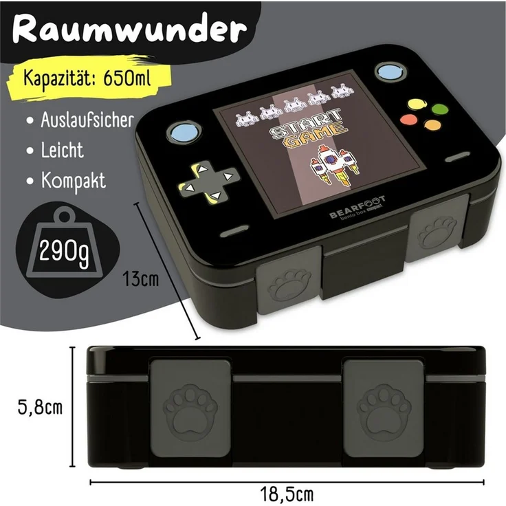 BEARFOOT Lunchbox Brotdose mit Fächern, leicht & auslaufsicher - Game schwarz, PP, ABS, Silikon, Kindergarten und Schule - Mädchen und Jungen, Vesperbox, Snackbox – Bild 2