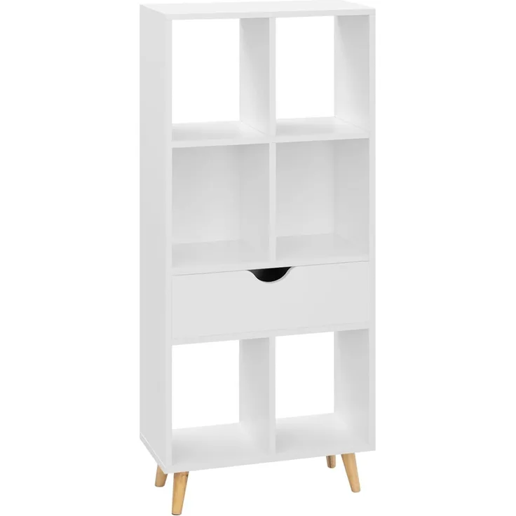 EUGAD Bücherregal Bücherschrank Raumteiler Aktenregal Aufbewahrungsregal Standregal mit Schublade mit Fußbeinen aus MDF, 6 Fächer, Weiß, 50 x 121 x 24 cm 0012SHG