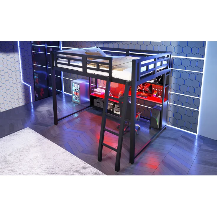 U-life Metall Etagenbett 140x200 cm, für Jugendliche, LED-Beleuchtung, MDF, Schwarz – Bild 9