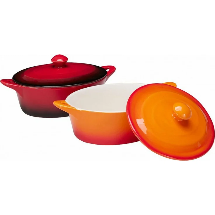 Koopman Ofenschale Auflaufform Gartopf Ofenform 2 Farben Keramik 2 Stk, Keramik, (Set, 2-St, Packung), 2er Set, mit Deckel, Keramik, Orange + Rot – Bild 3
