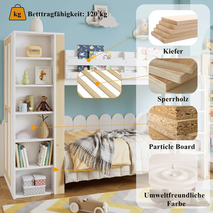 Merax Etagenbett, 90x200cm Kinderbett mit Fallschutz und Gitter, mit 4-stufiger Leiter, 6 offenen Regalen, Kleiderschrank seitlich, Reichlich Stauraum, Kiefer+PB, Weiß+Natur – Bild 7