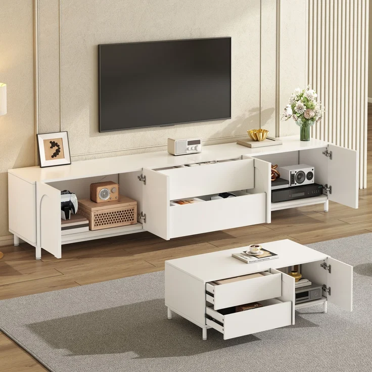 Wohnzimmer Set aus TV-Schrank + Couchtisch, Möbelset mit bogenförmigen Türen, Korpus aus Spanplatte+MDF, Möbel mit Stahlrohrfüßen, Stauraum Kombination für Wohnzimmer – Bild 3