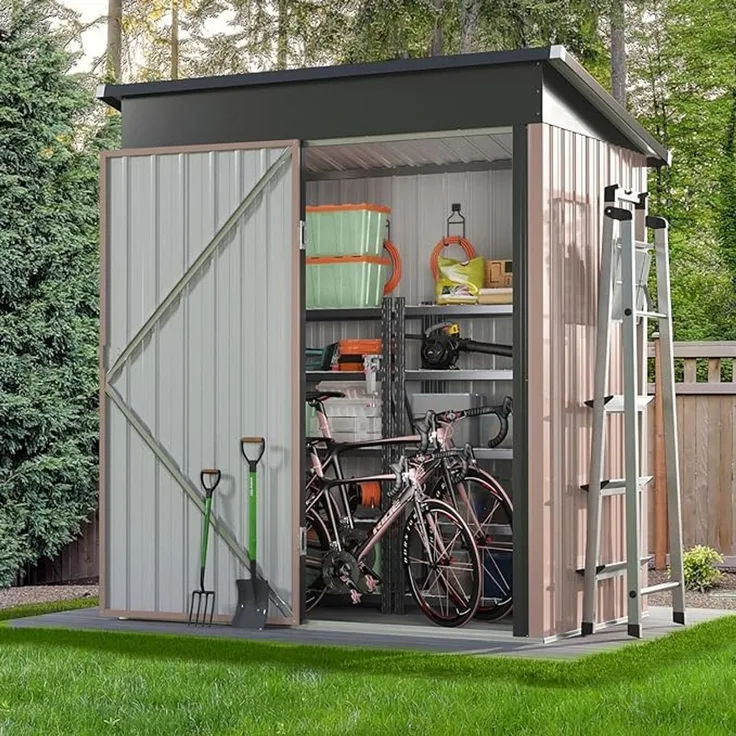 Aoxun Gerätehaus Metall 150x91x185cm, Geräteschuppen, Pultdach mit Belüftungslöcher Abschließbarer Tür für Outdoor Garten Schuppen,Braun