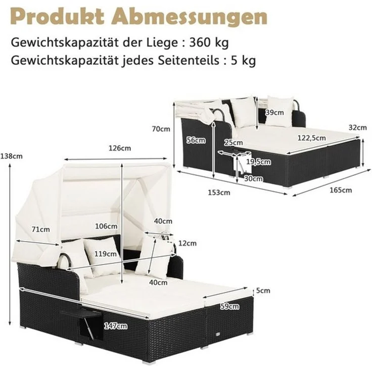 COSTWAY Loungebett, Rattan, 2-Personen, mit einziehbarem Sonnendach, Kissen – Bild 4