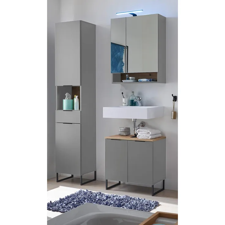 Badezimmer-Set >Denver< (3-tlg.) in grau matt / Evoke Eiche Dekor - 120x195x35 (BxHxT)