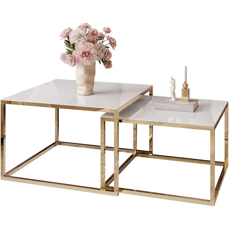Lookway Couchtisch YOSHI GLASS 2in1 mit Goldenem Chromgestell (2er-Set), Breite: 70 cm und 60 cm