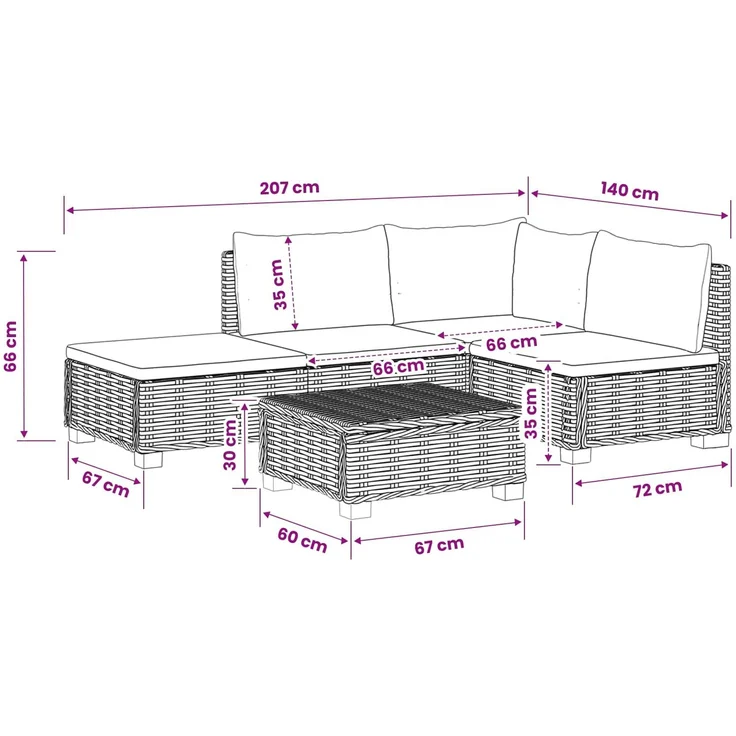 vidaXL 4 stk. Rattan-Lounge-Set mit Kissen GENDT Naturrattan Natur 3429844 – Bild 12