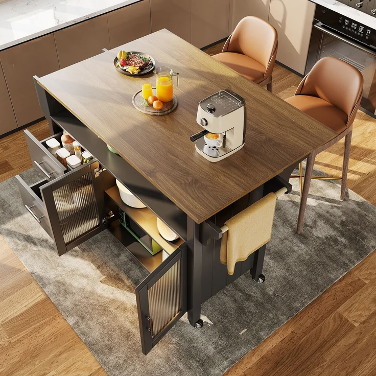 U-life Kücheninsel 139x40x94 cm, Servierwagen mit ausklappbarer Tischplatte, Glasvitrine, LED-Beleuchtung und Rollen, Schwarz – Bild 4