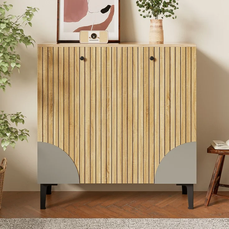 Schuhschrank in Holzoptik mit 3 Türen & Ablage, 90x32x94 cm, Holzfarbe, mit PVC-Beinen – Bild 9