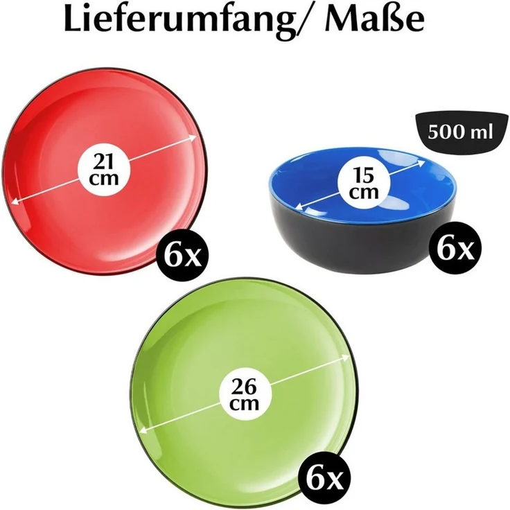MiaMio Kombiservice Tafelservice 18tlg Geschirrset 6 Personen Kombiservice Keramik - Bunt (18-tlg), 6 Personen, Steingut, 18 Teile, für 6 Personen – Bild 4
