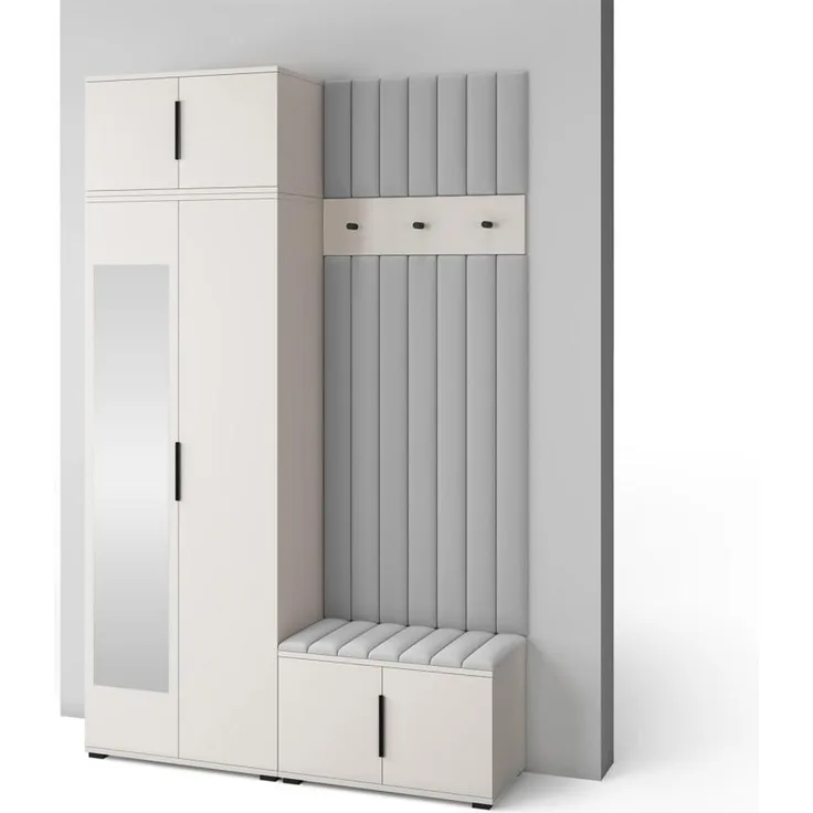 Garderoben-Set Napoli Version 14: Kleiderschrank mit Polsterpaneelen, Schuhschrank Flur und Eingangsbereich (Cashmere/Trinity 32), 225 x 40 x 140 cm