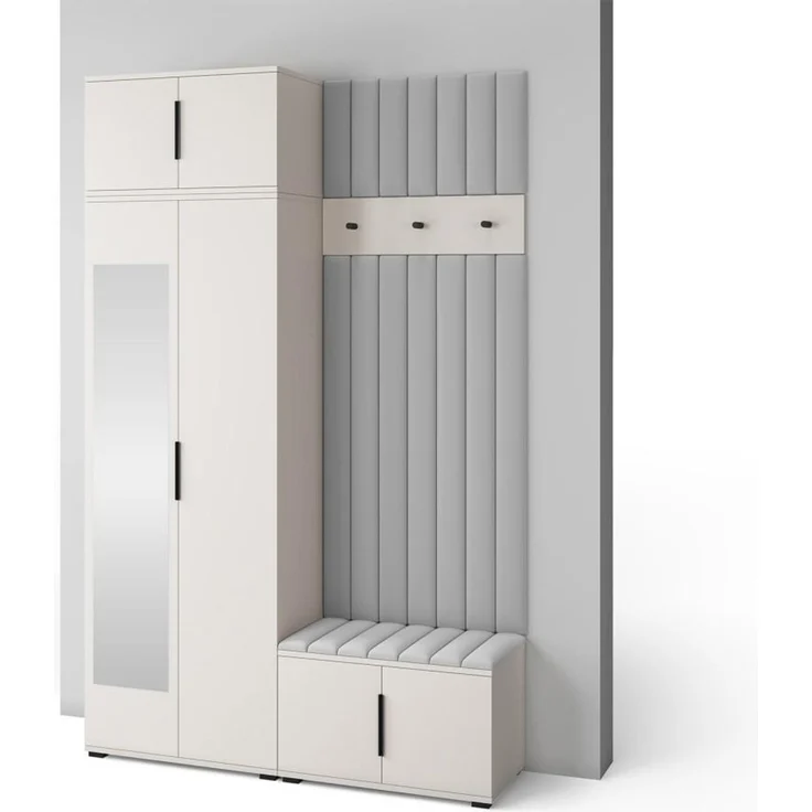 Garderoben-Set Napoli Version 14: Kleiderschrank mit Polsterpaneelen, Schuhschrank Flur und Eingangsbereich (Cashmere/Trinity 32), 225 x 40 x 140 cm – Bild 1