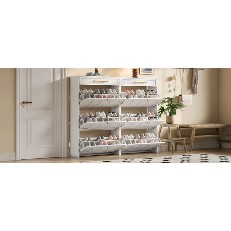 ZUBALIYA Schuhschrank (140 x 25 x 123,5 cm), 2 Schubladen, Verstellbare Einlegeböden, Stauraum für Flur und Eingangsbereich, Weiß – Bild 4