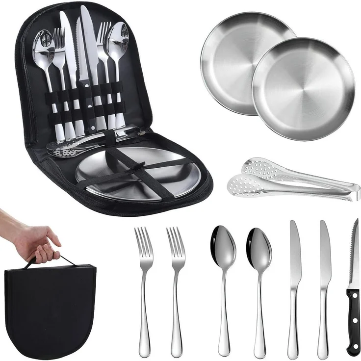 Toomoke Besteck-Set Campingbesteck für 2 Personen, Reisebesteck, Campinggeschirr, Edelstahl-Outdoorbesteck mit Tellern, Messer, Gabel, Löffel und Etui – Bild 1