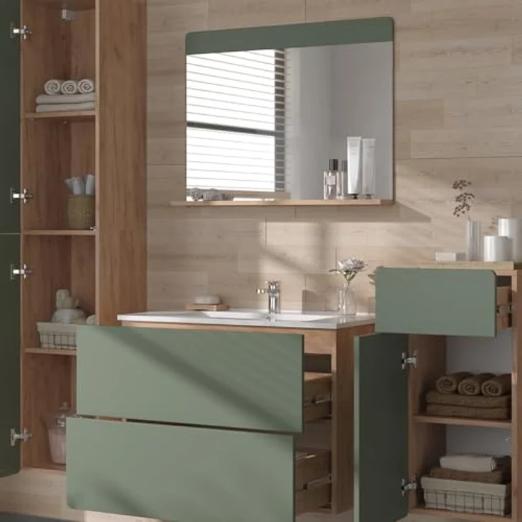 Vichy Badmöbel-Set Izan, 5-teiliges Badmöbelset in Goldkraft Eiche/Grün mit Hoch- und Midischrank – Bild 4