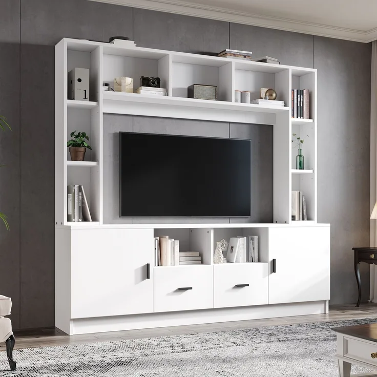 180*35*170cm TV Wohnwand-set mit Vitrine,Mediawand inkl. TV-Board-set und Regal,TV Wohnzimmermöbel-Set mit 2 Schränke, 2 Schubladen , 11 Staufächer, Anbauwand, Wohnzimmerwand, TV bis 60',Weiß--Weiß--180x35x170cm--YOUDENOVA
