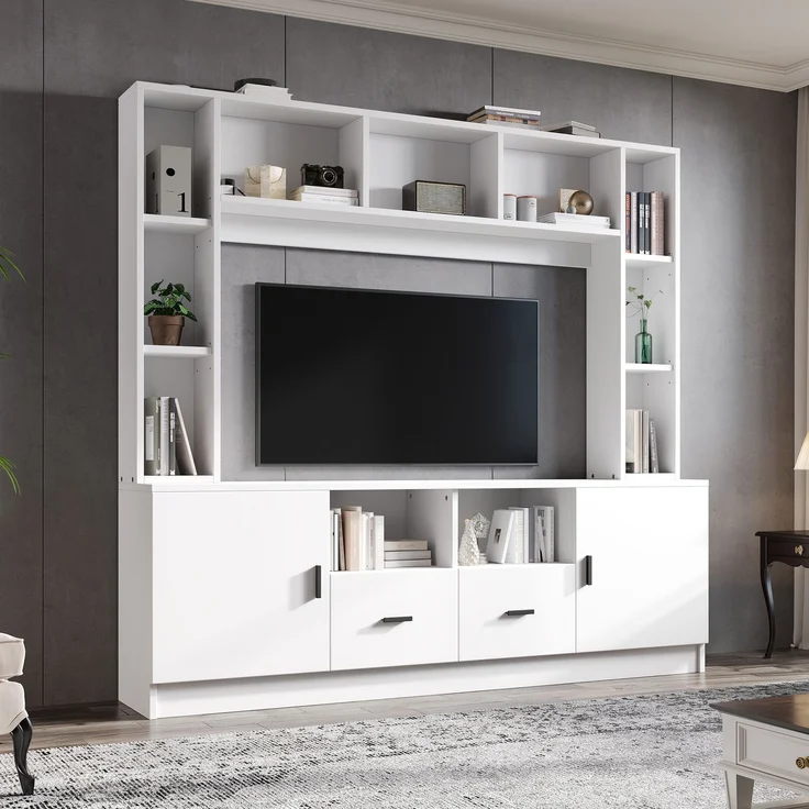 180*35*170cm TV Wohnwand-set mit Vitrine,Mediawand inkl. TV-Board-set und Regal,TV Wohnzimmermöbel-Set mit 2 Schränke, 2 Schubladen , 11 Staufächer, Anbauwand, Wohnzimmerwand, TV bis 60',Weiß--Weiß--180x35x170cm--YOUDENOVA – Bild 1
