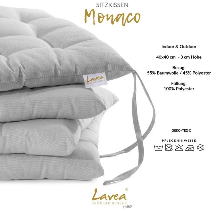 Lavea Stuhlkissen MONACO - weich gepolsterten Sitzkissen Set (4er & 8er), 40x40x3 cm, mit Stoffbändern, Indoor & Outdoor, für Garten & Balkon – Bild 2