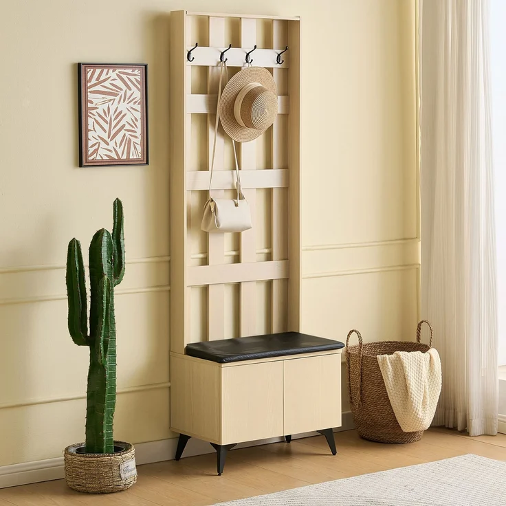 Garderobe mit Sitzbank, B 60 x T 35 x H 179,5 cm, MDF in heller Holzoptik und schwarzen Stahlbeinen – Bild 3