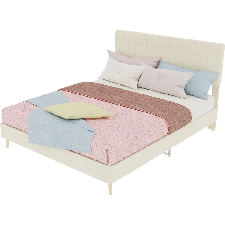 Novelux Polsterbett 140x200 cm mit Kariertem Kopfteil & Holzfüßen – Modernes Doppelbett aus Verschleißfestem Stoff, Massivholzrahmen, für Schlafzimmer, Beige
