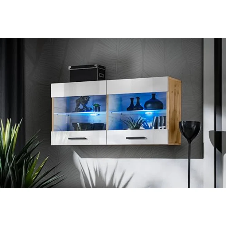 Komodee Hängevitrine Savona, Eiche Wotan und Weiß, 2 Fächer, Rechteckig, 100x50x27.2 cm, für Wohnzimmer und Wohnwände – Bild 6