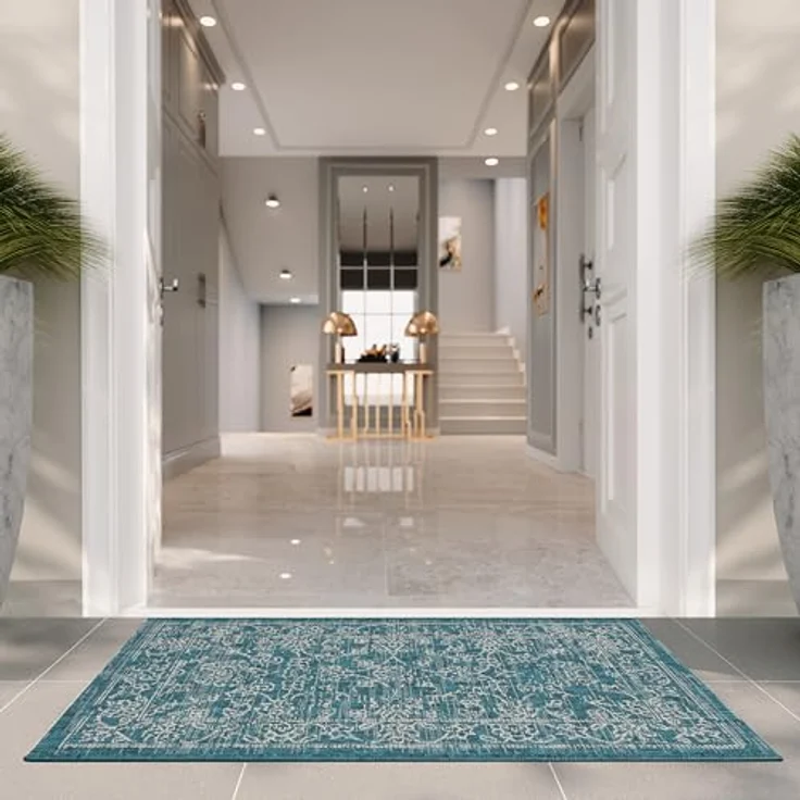 Safavieh Geometrisch Teppich für Drinnen & Draussen - Courtyard Collection, Kurzer Flor, Grau und Marineblau, 61 X 109 cm – Bild 9