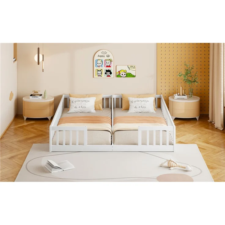 Merax 90 x 200 cm Kinderbett mit Gitter, Ohne Lattenrost (ohne Matratze), für Familien mit zwei Kindern, Kiefernholz, Minimalistischer Stil, Weiß – Bild 8