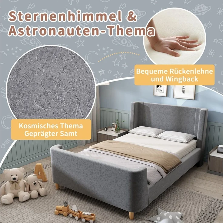 Flieks Polsterbett, Kinderbett Einzelbett 90x200cm mit kosmischem Muster Samt – Bild 3