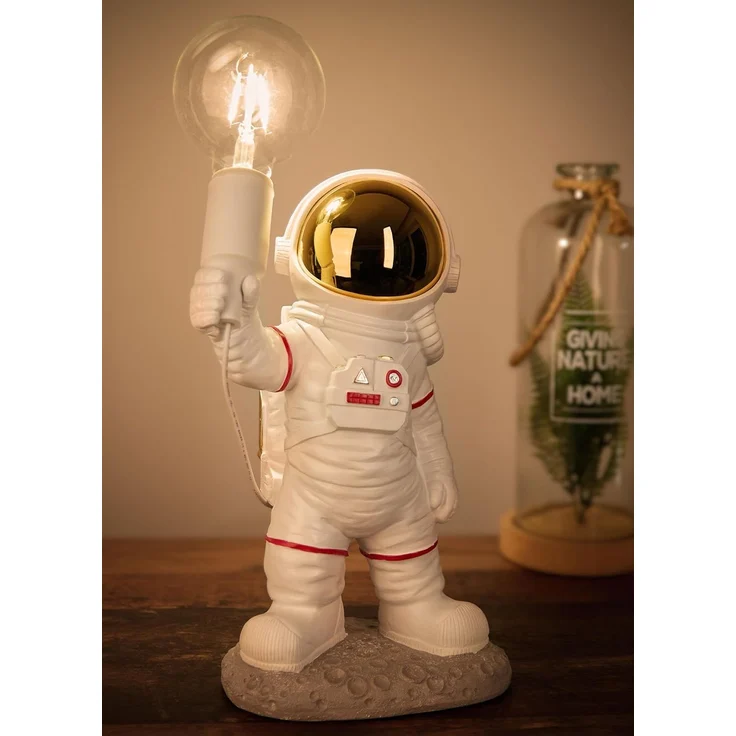 BRUBAKER Nachttischlampe Astronauten Tischlampe - 40 cm Weltraum Nachttischlampe, mit E27 Fassung und USB-C Stecker, ohne Leuchtmittel, Handbemalte Raumfahrt Dekofigur Statue - Weiß