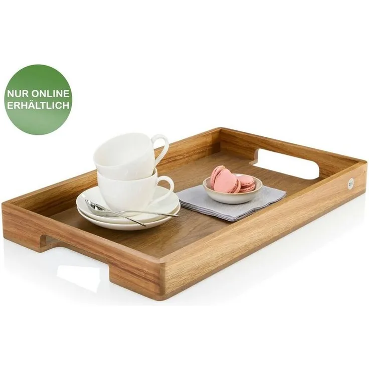 AdHoc Tablett Serviertablett Serve Smart, Akazienholz, Walnussholz, (Dekotablett rechteckig, 1-tlg), hochwertiges Frühstückstablett mit ergonomischen Griffmulden 56x30 cm