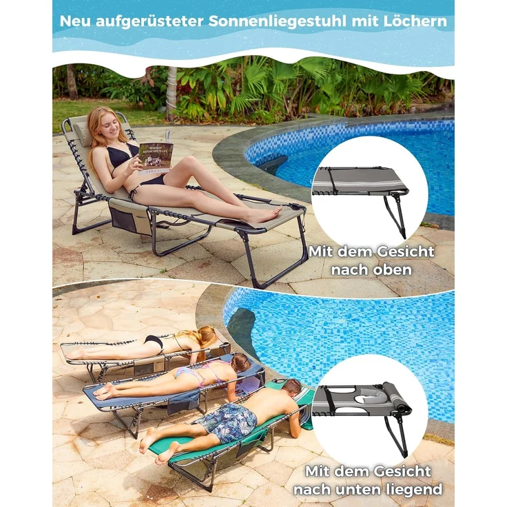 KingCamp 2er Set Sonnenliege Klappbarer mit Lesefenster, Liegestuhl Klappbar 5-Position-Verstellbare Rückenlehne Leicht mit Kopfstütze Strandliege klappbare für Strand Garten Terrasse Camping – Bild 3