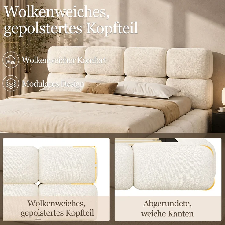 Polsterbett, Doppelbett, 200 x 200 cm, hydraulisch verstellbares Bett, Wolkenbett, Stauraumbett, Bubble-Design, mit Lattenrost, Kopfteil und großem Stauraum, gepolstertes Kopfteil, weißer Schlingenveloursstoff. – Bild 8