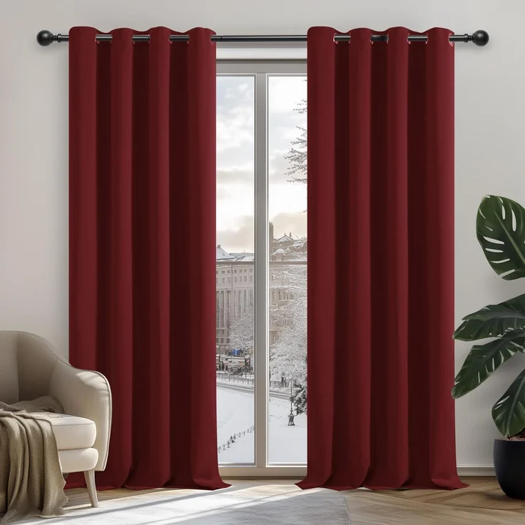 Deconovo Gardinen Verdunkelungsvorhang Ösen Gardine gegen Kälte Wohnzimmer Warm Vorhang Blickdicht, 160x132 cm(HöhexBreite), Rot, 2er Set – Bild 1