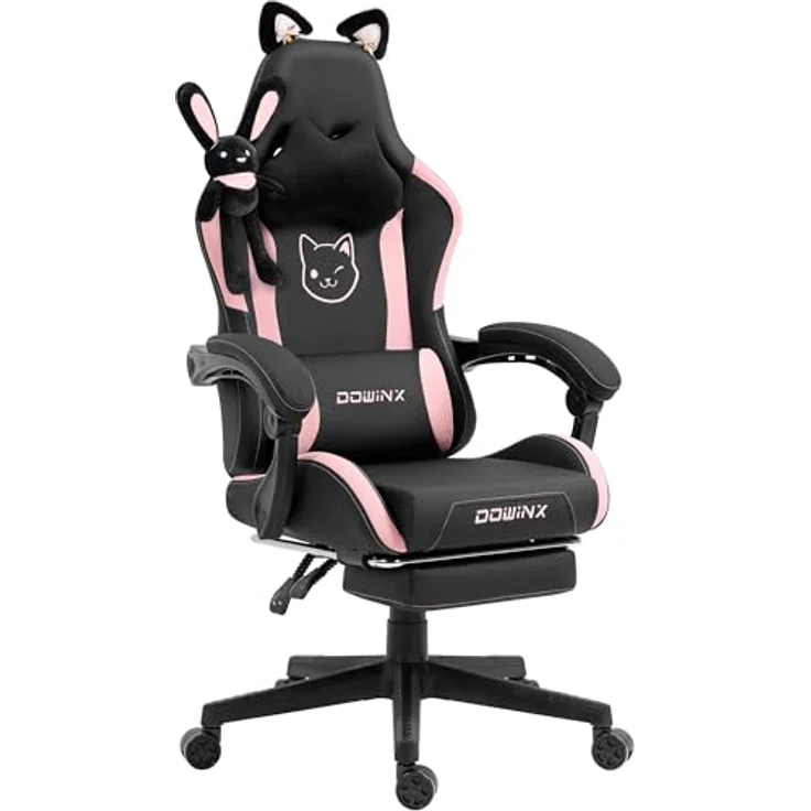 Dowinx Gaming Stuhl - Süße Katze Edition - Ergonomischer Computerstuhl mit Hoher Rückenlehne und Lendenwirbelstütze, PU-Leder, Fußstütze, Schwarz – Bild 2