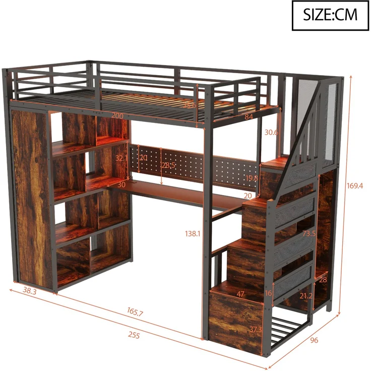 EINHOM Metall-Hochbett 90 x 200 cm mit Kleiderschrank und Staufächern, Metall + Holz, Trittleiter, Schreibtisch mit Steckdosen nach Europäischer Norm, Lochblech und LED-Lichtleiste, Großem Stauschrank, Einzelbett, Schwarz (Ohne Matratze) – Bild 2