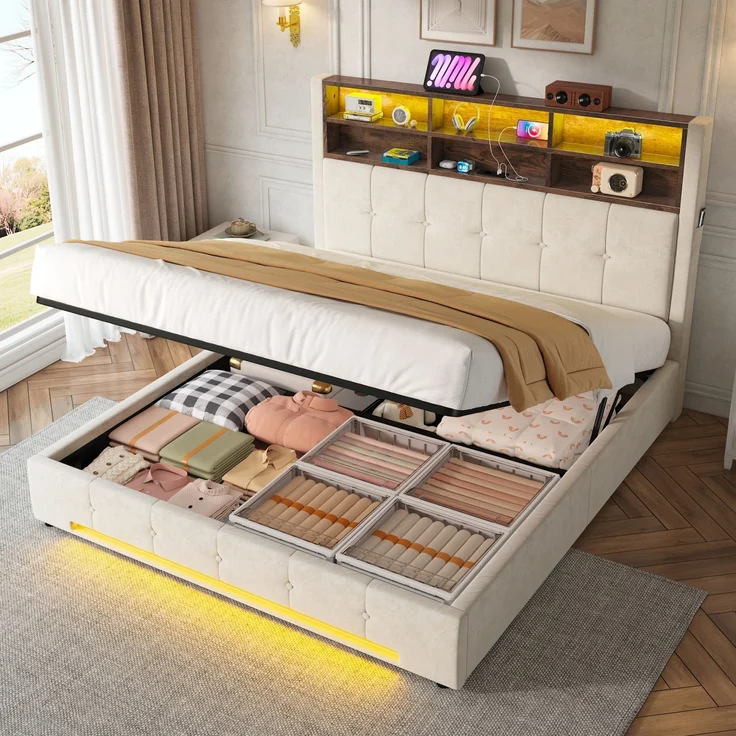 TavilaEcon Polsterbett mit Bettkasten und USB-C-Anschluss beige Liegefläche 160 × 200 cm – Bild 4