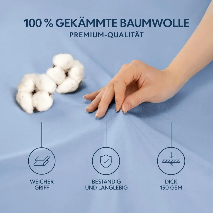 Dreamzie Premium Spannbettlaken 140x200 cm, Bettlaken 100% Jersey Baumwolle, Spannbetttuch für Dicke Matratzen bis zu 22 cm, 150 g/m², Oeko-TEX Zertifiziert - Hellblau – Bild 2