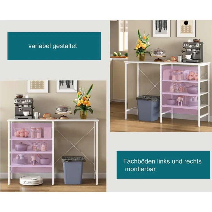 ZUBALIYA Ablagetisch 120 x 40 x 85,5 cm – flexibel montierbare Regale, Metallrahmen mit X-Verstrebung, höhenverstellbare Standfüße, MDF, Metall, Weiß – Bild 5