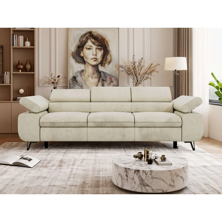 Polstersofa PETER, Sofa 3-Sitzer mit Schlaffunktion, verstellbaren Armlehnen und Kopfstütze, Gepolsterte Couch, Wellenfeder - Beige Velvet – Bild 4