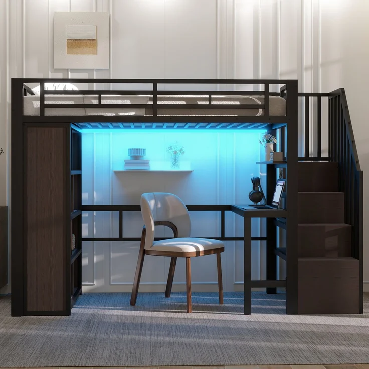 Hochbett, 90x200 cm, Eisenrahmen, mit Schreibtisch, Ablagefach, LED-Lichtleiste, Treppenkonstruktionen mit Stauraum, ohne Matratze, schwarz – Bild 2