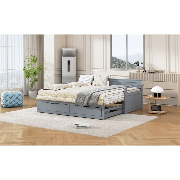 Tagesbett Grau Ausziehbar 90-180x190 Massivkiefer Schubladen Stauraum 200kg Tragkraft Gästebett Wohnzimmer Kompakt